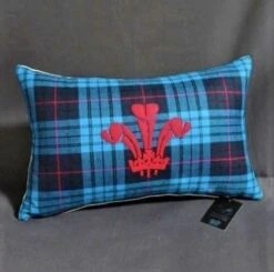 Welsh Tartan Cushion With Prince Of Wales Feathers Blue
